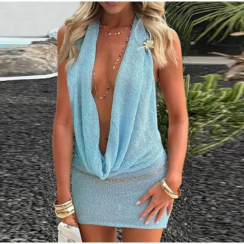 👑 QUEEN HALTER MINI — ROBE COURTE FEMME COL HALTER DOS NU