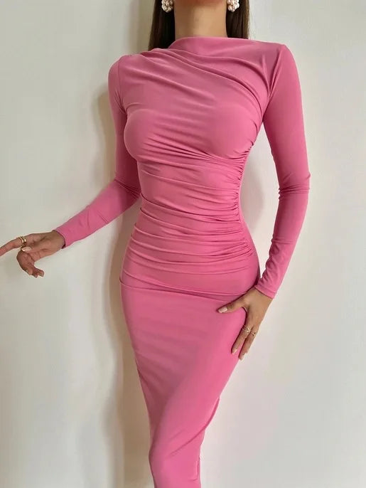 👑 QUEEN MIDI DRESS — ROBE MOULANTE MANCHES LONGUES COL DEMI-HAUT