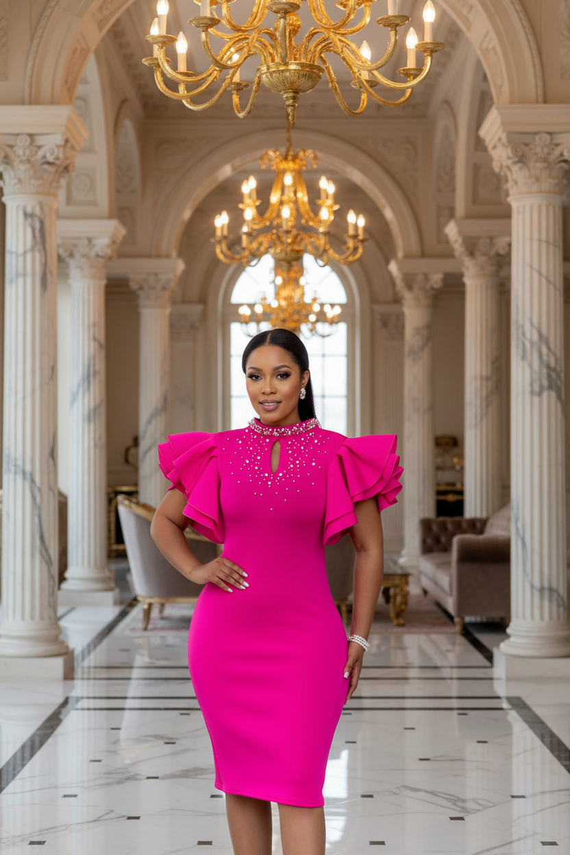 👑 Queen Ankara Volants – Robe Midi Africaine Luxe