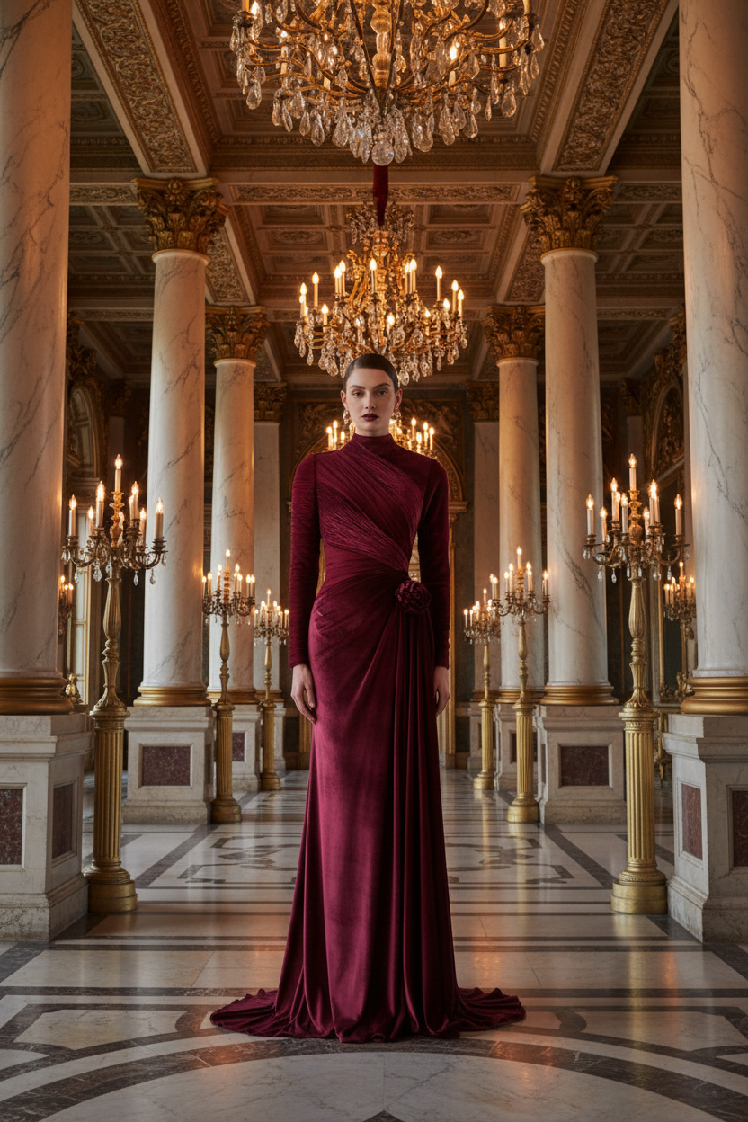 👑 QUEEN VELOURS FLEURS — ROBE LONGUE SOIRÉE SUR MESURE RUNWAY EDITION
