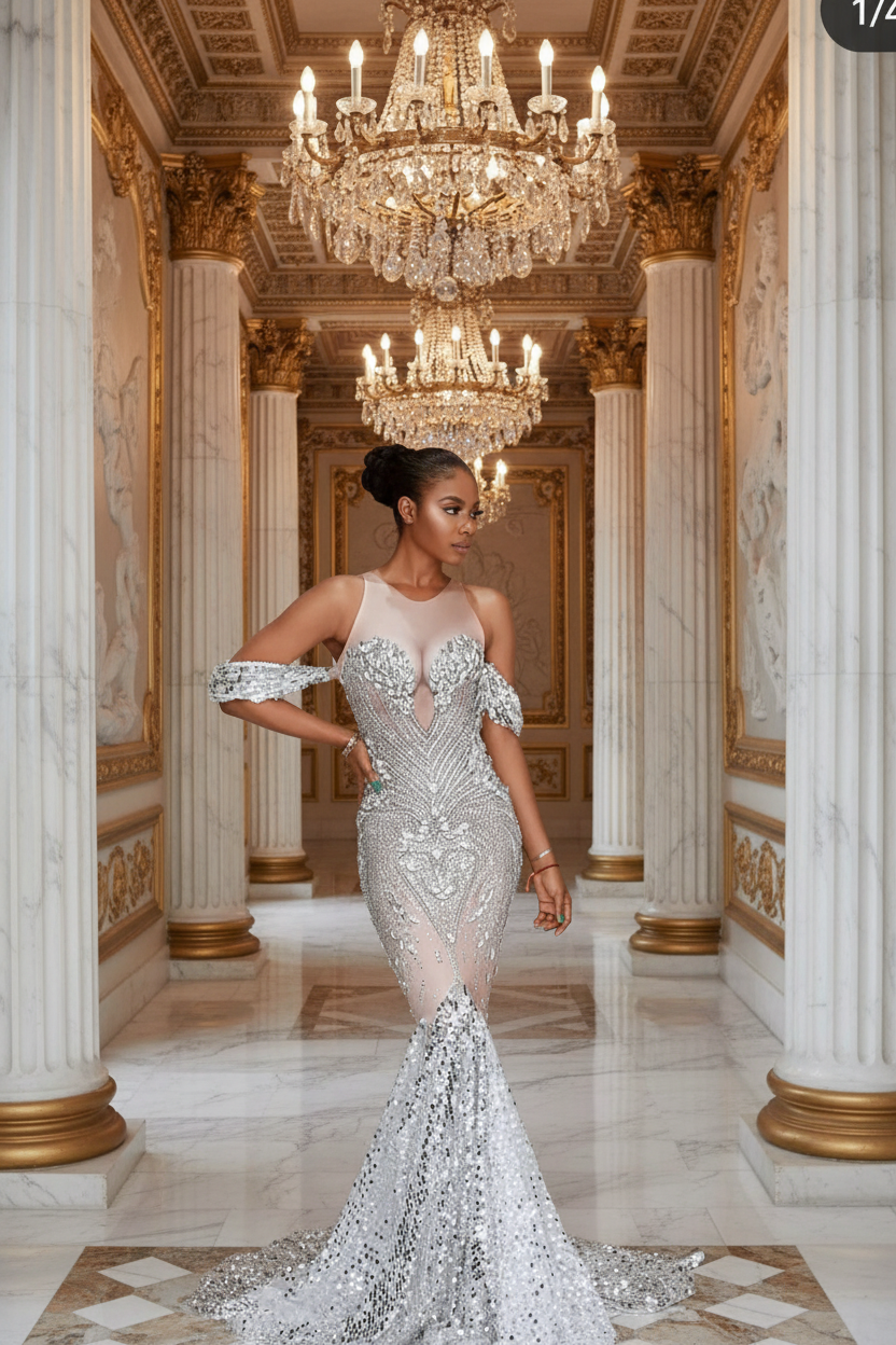 👑  QUEEN ROBE SIRÈNE ARGENT — SEQUINS ÉPAULE DÉNUDÉE  RUNWAY EDITION