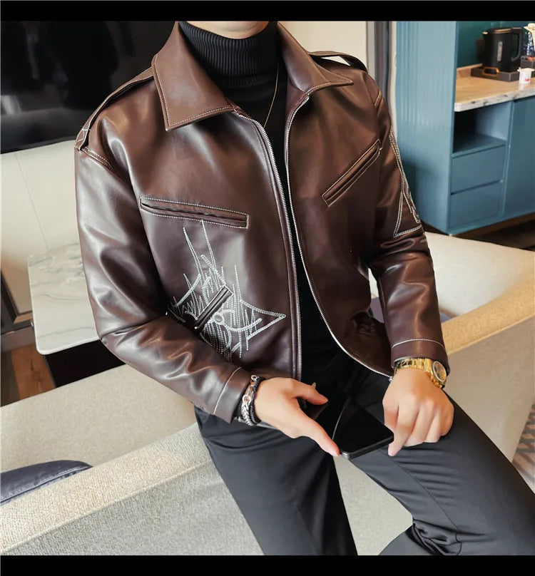 👑 KING EMBROIDERED LEATHER JACKET — VESTE CUIR BRODÉE PREMIUM HOMME